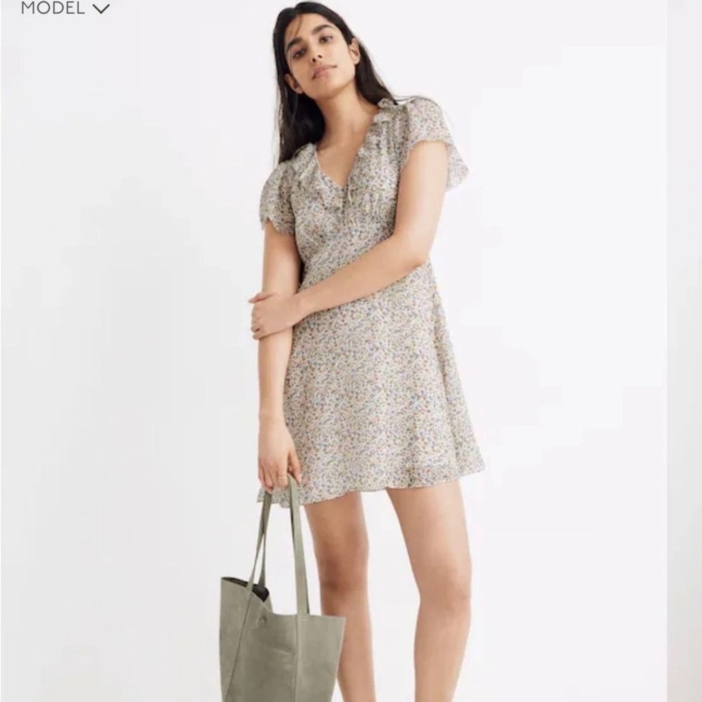 Madewell Silk Floral Ruffle V-Neck Mini Dress Women's Multicolor Size 8 RN77388